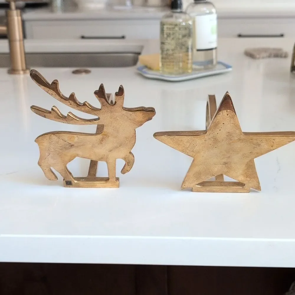 Solid Brass Reindeer and Star Christmas Stocking Holder Hooks Set of 2 Vintage